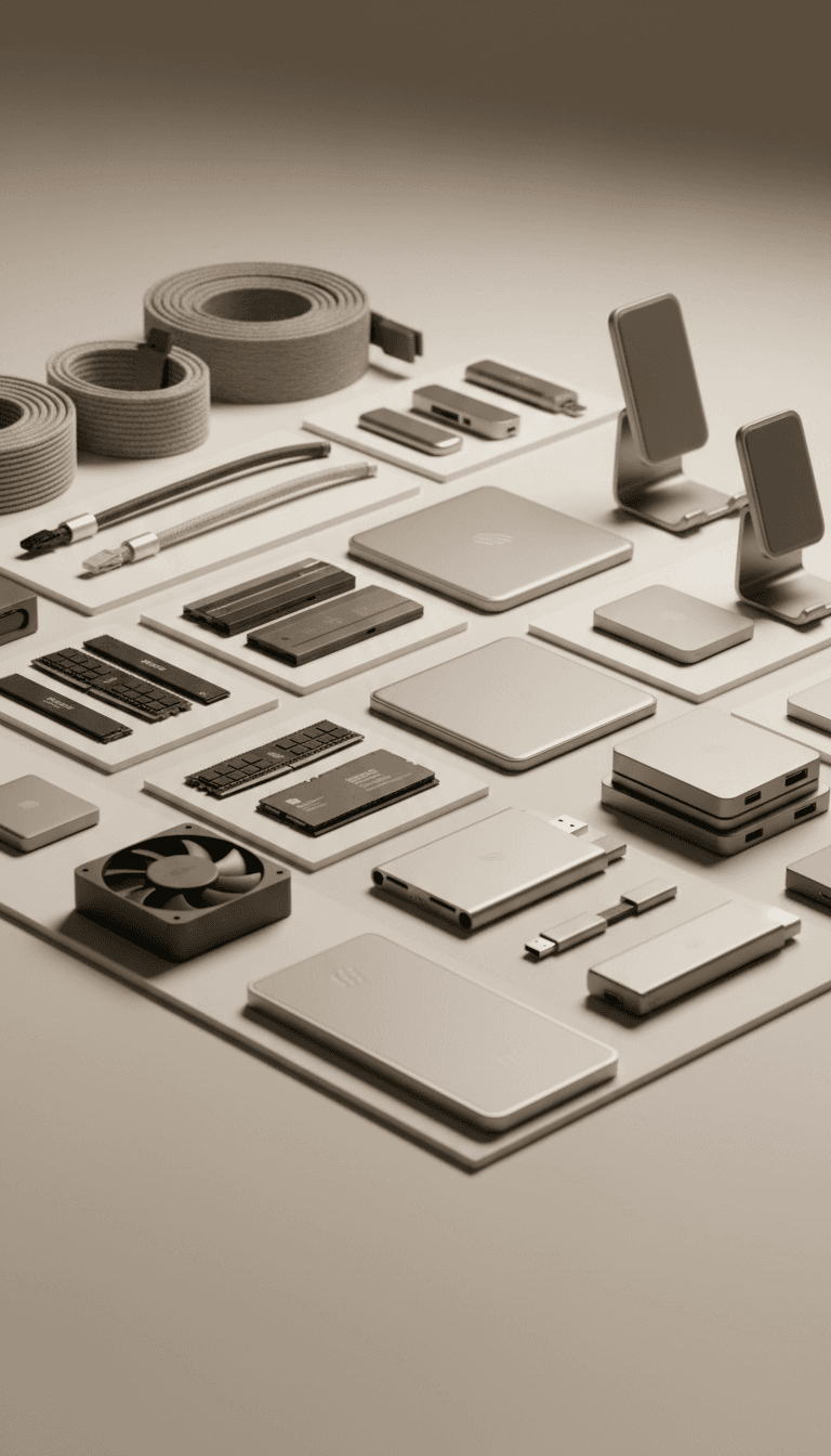 Organized display of TechNest electronics accessories including cable management, computer components, and mobile accessories