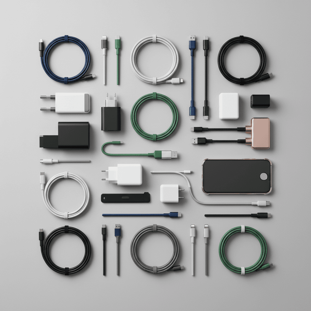 Organized overhead flat-lay of charging cables and accessories including USB-C, Lightning, and micro-USB cables in various colors and styles